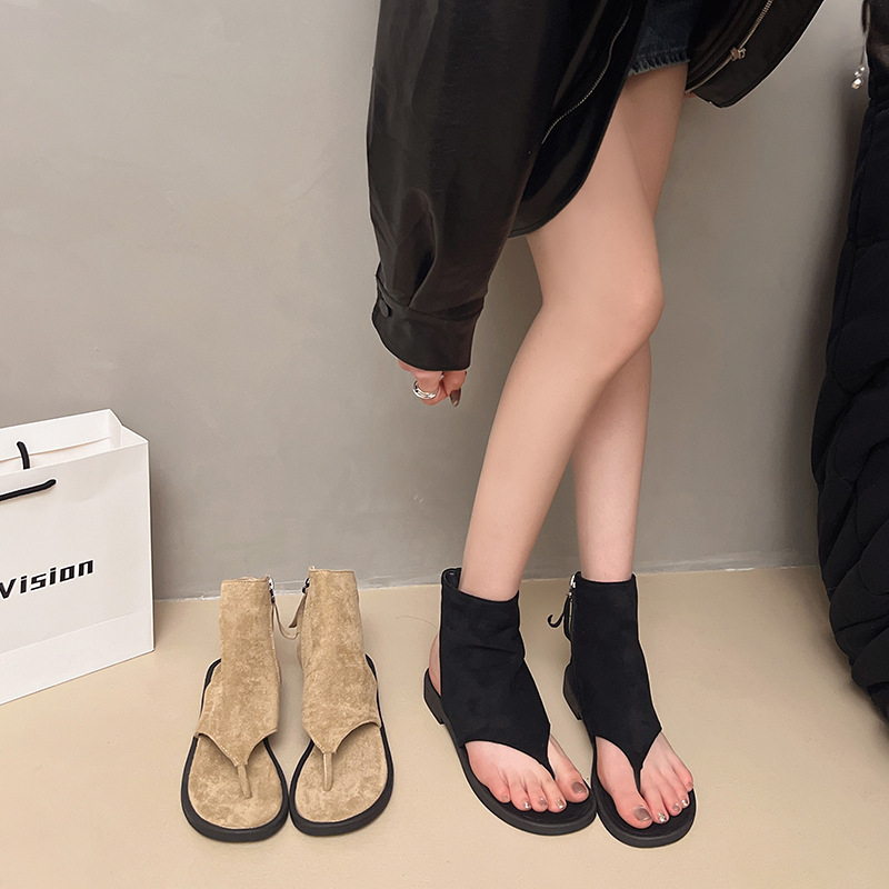 Sandale versatile, subțiri, de primăvară și toamnă, în stil coreean, cu vârful rotund, pentru femei, sandale scurte cu toc jos și versatile, pantofi la modă pentru femei