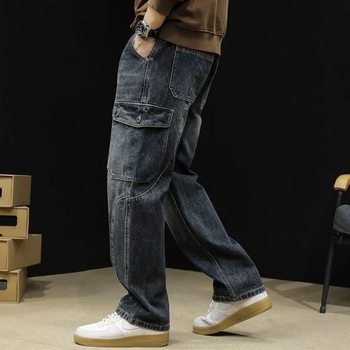 Blugi cu picior drept, brand de modă pentru bărbați, 2024, toamnă nouă, vrac, plus mărime, toamnă și iarnă, pantaloni cu picior larg, pantaloni de lucru cu mai multe buzunare