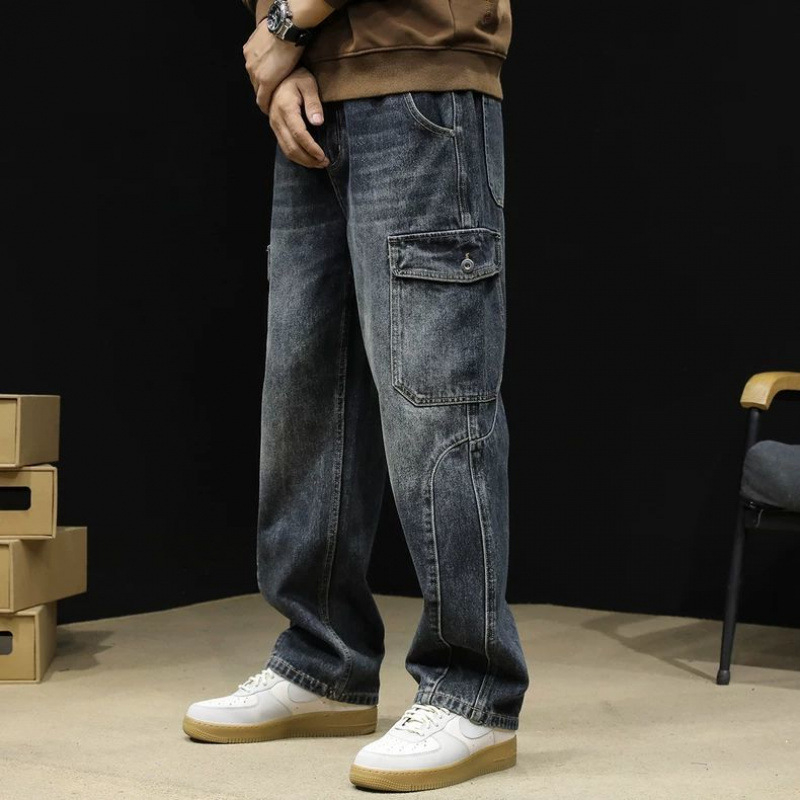 Blugi cu picior drept, brand de modă pentru bărbați, 2024, toamnă nouă, vrac, plus mărime, toamnă și iarnă, pantaloni cu picior larg, pantaloni de lucru cu mai multe buzunare