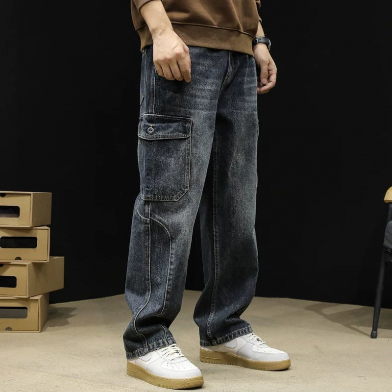 Blugi cu picior drept, brand de modă pentru bărbați, 2024, toamnă nouă, vrac, plus mărime, toamnă și iarnă, pantaloni cu picior larg, pantaloni de lucru cu mai multe buzunare