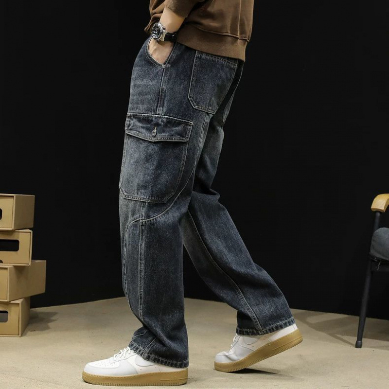 Blugi cu picior drept, brand de modă pentru bărbați, 2024, toamnă nouă, vrac, plus mărime, toamnă și iarnă, pantaloni cu picior larg, pantaloni de lucru cu mai multe buzunare