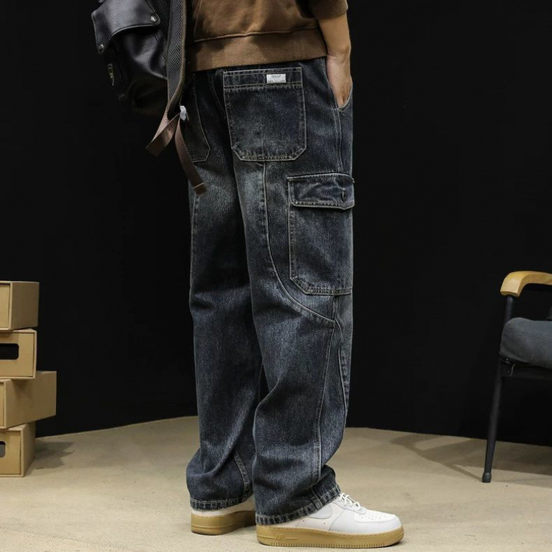 Blugi cu picior drept, brand de modă pentru bărbați, 2024, toamnă nouă, vrac, plus mărime, toamnă și iarnă, pantaloni cu picior larg, pantaloni de lucru cu mai multe buzunare