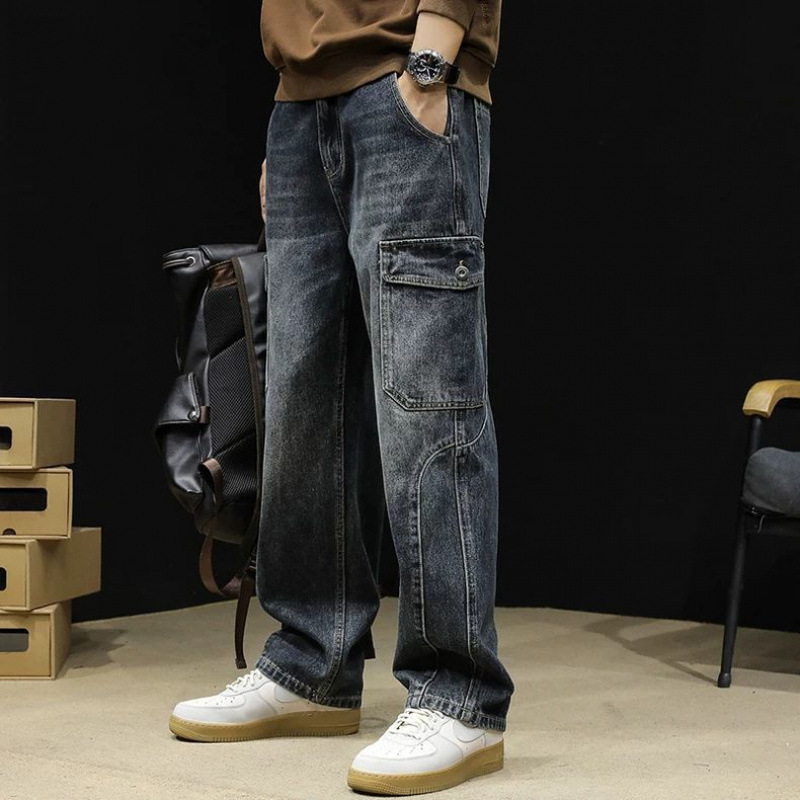 Blugi cu picior drept, brand de modă pentru bărbați, 2024, toamnă nouă, vrac, plus mărime, toamnă și iarnă, pantaloni cu picior larg, pantaloni de lucru cu mai multe buzunare