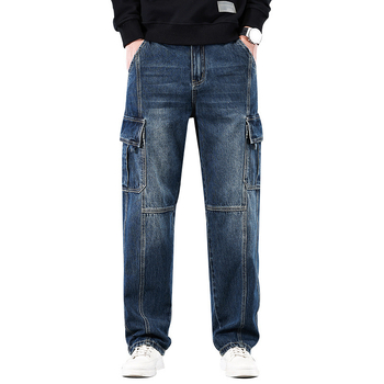 2025 m. naujos „High Street Jeans“ vyriškos laisvos, plačios, madingos, tiesaus kirpimo, laisvalaikio kelnės su keliomis kišenėmis, ilgos vyriškos kelnės
