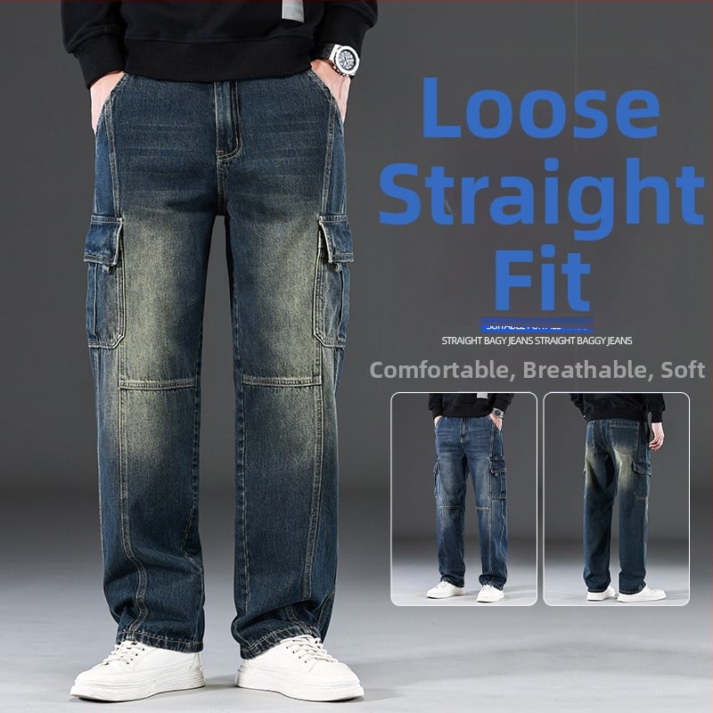 2025 m. naujos „High Street Jeans“ vyriškos laisvos, plačios, madingos, tiesaus kirpimo, laisvalaikio kelnės su keliomis kišenėmis, ilgos vyriškos kelnės