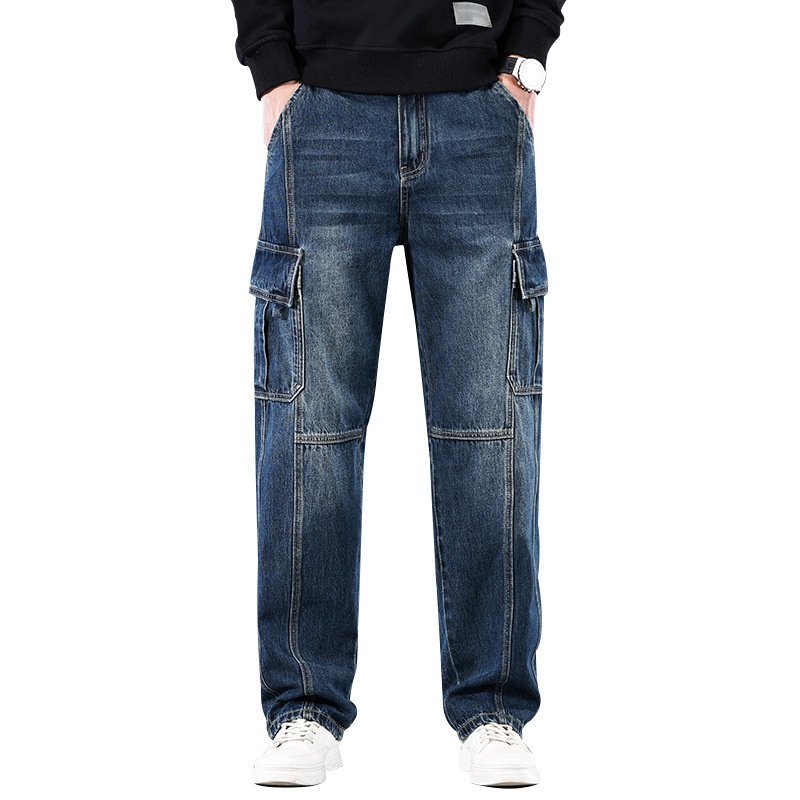 2025 m. naujos „High Street Jeans“ vyriškos laisvos, plačios, madingos, tiesaus kirpimo, laisvalaikio kelnės su keliomis kišenėmis, ilgos vyriškos kelnės