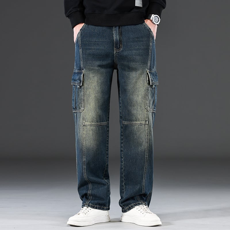 2025 m. naujos „High Street Jeans“ vyriškos laisvos, plačios, madingos, tiesaus kirpimo, laisvalaikio kelnės su keliomis kišenėmis, ilgos vyriškos kelnės