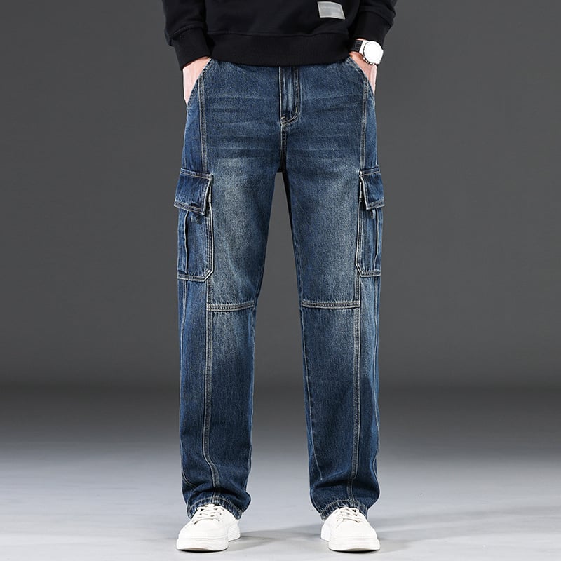 2025 m. naujos „High Street Jeans“ vyriškos laisvos, plačios, madingos, tiesaus kirpimo, laisvalaikio kelnės su keliomis kišenėmis, ilgos vyriškos kelnės