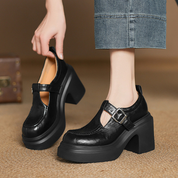 Μικρά παπούτσια Mary Jane με χοντρή σόλα για γυναίκες Άνοιξη & Φθινόπωρο 2025 Νέα μικρά δερμάτινα ψηλοτάκουνα παπούτσια με στρογγυλή μύτη και αγκράφα σε σχήμα T για γυναίκες