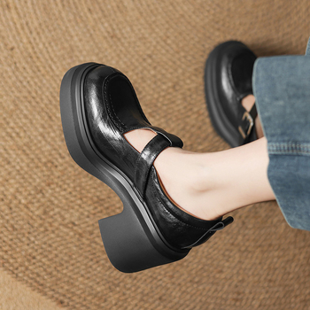 Μικρά παπούτσια Mary Jane με χοντρή σόλα για γυναίκες Άνοιξη & Φθινόπωρο 2025 Νέα μικρά δερμάτινα ψηλοτάκουνα παπούτσια με στρογγυλή μύτη και αγκράφα σε σχήμα T για γυναίκες