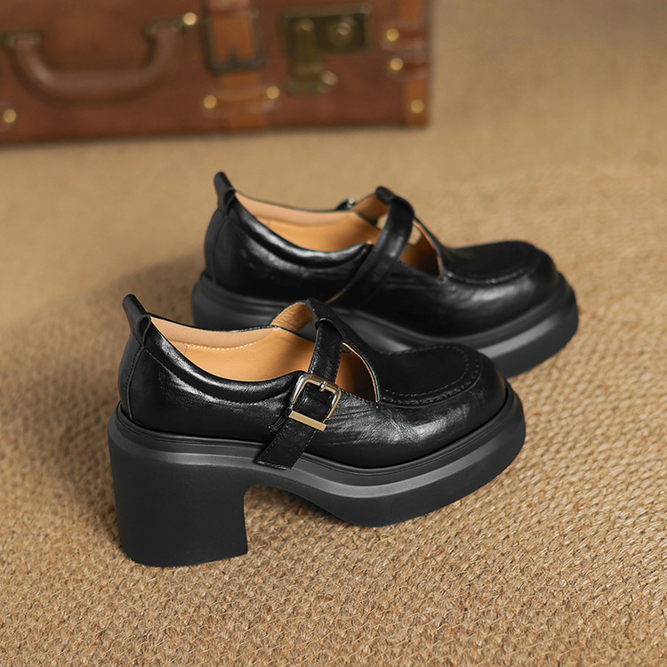 Maži storapadiai Mary Jane bateliai moterims 2025 m. pavasario ir rudens nauji apvalios nosies T formos sagtimi aukštakulniai maži odiniai bateliai moterims