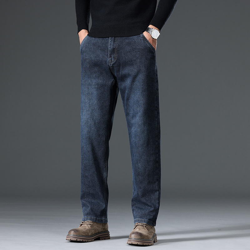 Középkorú új férfi mikroelasztikus farmernadrág 2024 őszi és téli üzleti mikroelasztikus, mindenhez illő, egyszínű nadrág, divatos külső viselet