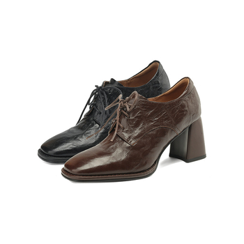Μαλακά δερμάτινα παπούτσια με κορδόνια από δέρμα προβάτου, άνοιξη 2024, νέα, ψηλοτάκουνα παπούτσια με τετράγωνη μύτη, μεγάλο μέγεθος 41, δερμάτινα μονόστρωμα για γυναίκες