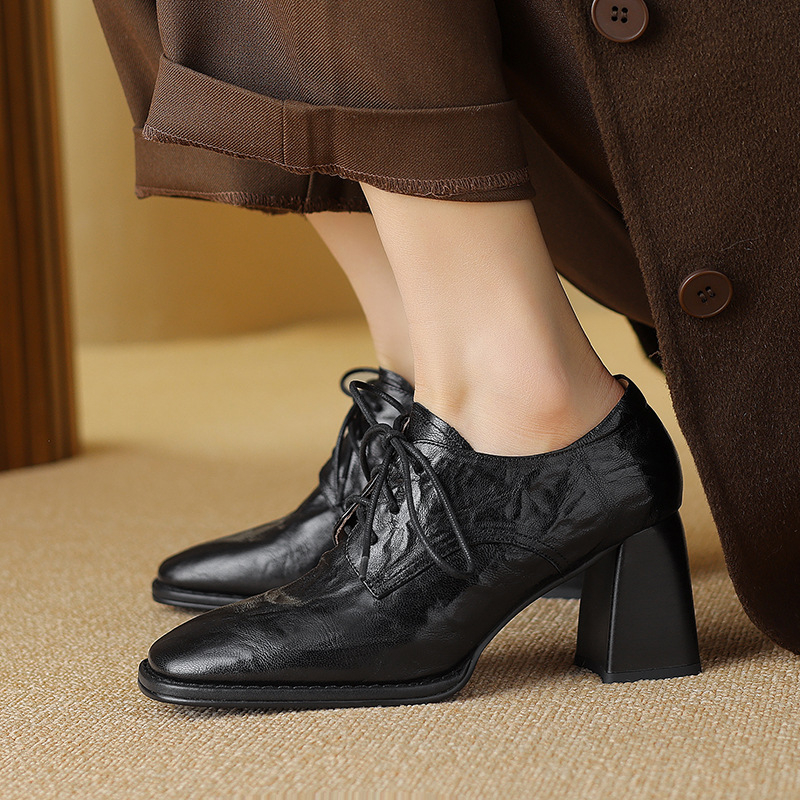 Minkšti avikailio paprasti odiniai bateliai su raišteliais, 2024 m. pavasario nauji kvadratinės nosies stori aukštakulniai, plius 41 dydžio odiniai vieno sluoksnio bateliai moterims.