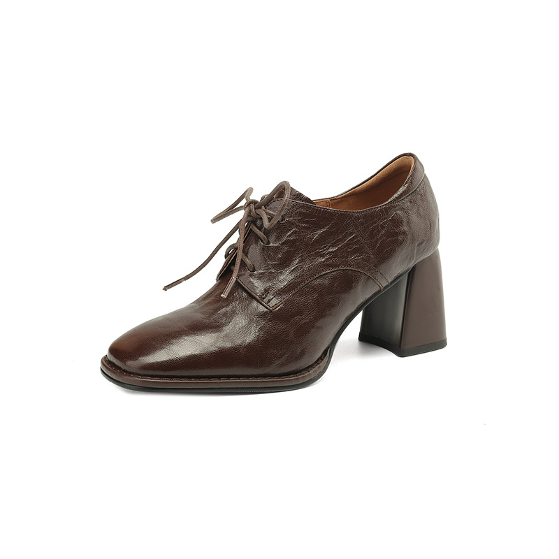 Minkšti avikailio paprasti odiniai bateliai su raišteliais, 2024 m. pavasario nauji kvadratinės nosies stori aukštakulniai, plius 41 dydžio odiniai vieno sluoksnio bateliai moterims.