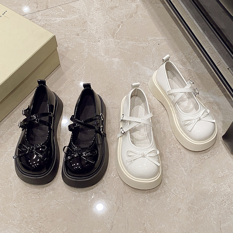 Határon átnyúló külkereskedelmi kerek fejű vastag talpú kis bőr női cipő 2025 új tavaszi masni francia sekély szájú Mary Jane cipő