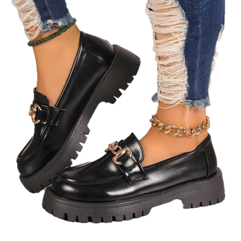 Plus Size Brit Stílusú Vastag Talpú Női Papucscipő 2025 Új Fekete Kerek Orrú Francia Kis Bőr Cipő Trendi