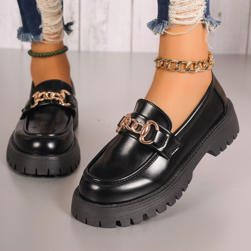 Plus Size Brit Stílusú Vastag Talpú Női Papucscipő 2025 Új Fekete Kerek Orrú Francia Kis Bőr Cipő Trendi