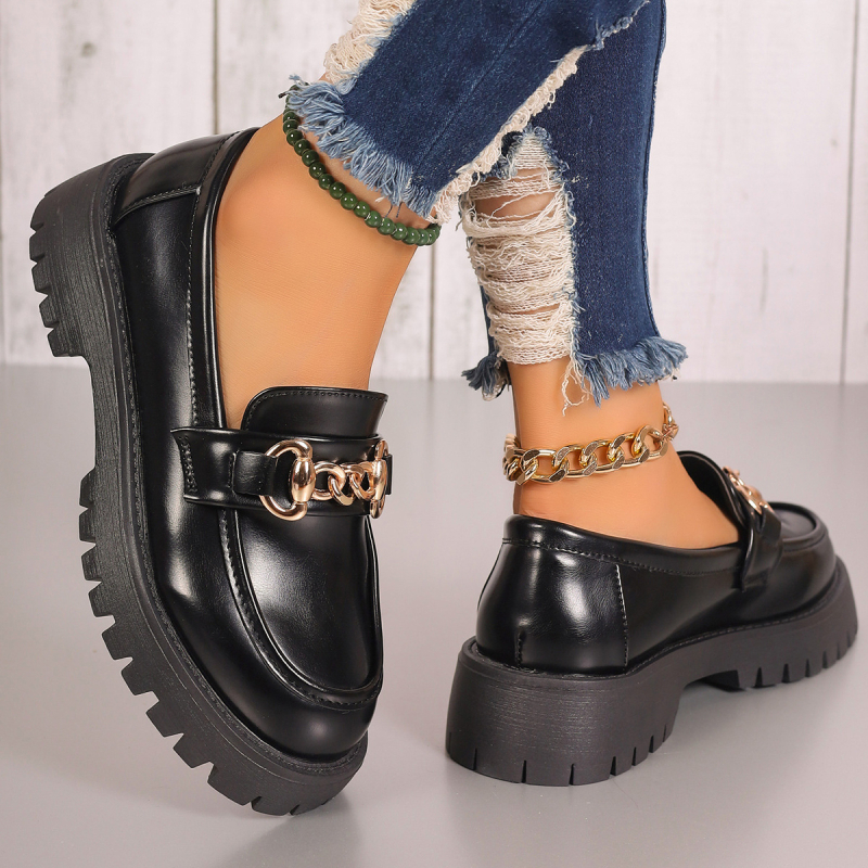 Plus Size Brit Stílusú Vastag Talpú Női Papucscipő 2025 Új Fekete Kerek Orrú Francia Kis Bőr Cipő Trendi