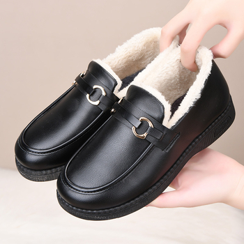 2025-ös téli új, hétköznapi bőr pamut csizma középkorú és idős nőknek, bebújós, polár bélésű, vastagított, meleg, vastag talpú bőrcipő