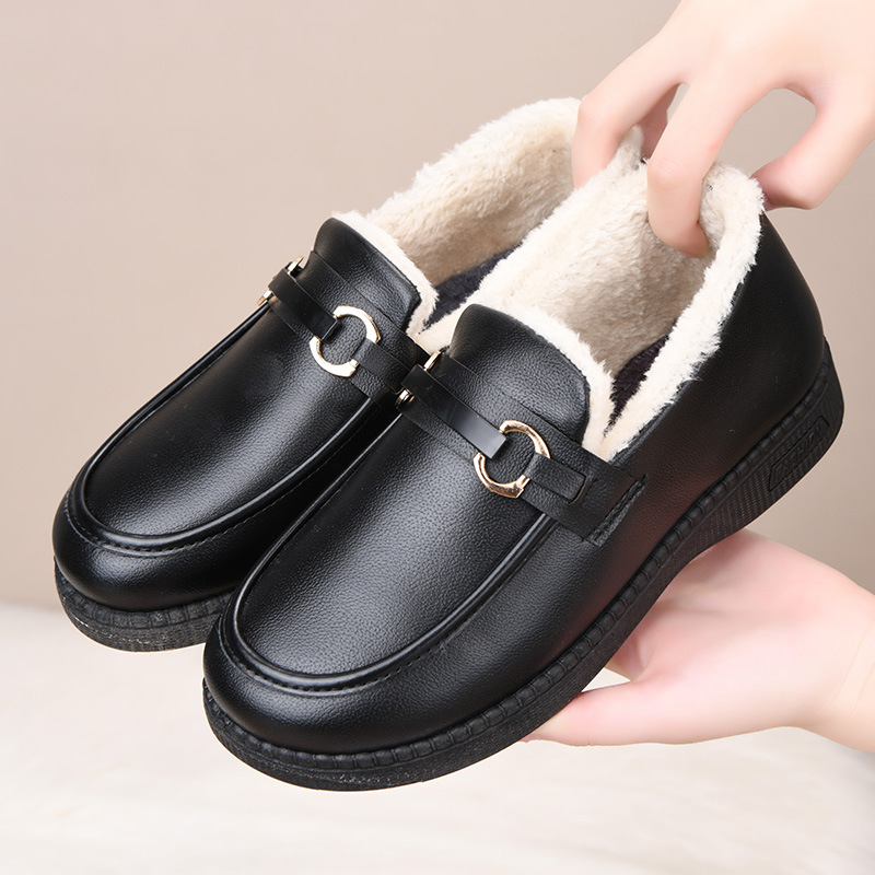 2025-ös téli új, hétköznapi bőr pamut csizma középkorú és idős nőknek, bebújós, polár bélésű, vastagított, meleg, vastag talpú bőrcipő