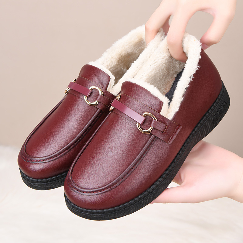 2025-ös téli új, hétköznapi bőr pamut csizma középkorú és idős nőknek, bebújós, polár bélésű, vastagított, meleg, vastag talpú bőrcipő
