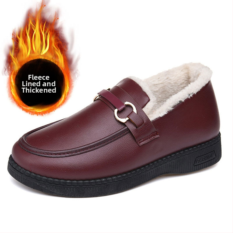 2025-ös téli új, hétköznapi bőr pamut csizma középkorú és idős nőknek, bebújós, polár bélésű, vastagított, meleg, vastag talpú bőrcipő