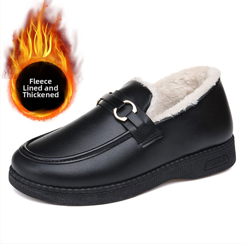 2025-ös téli új, hétköznapi bőr pamut csizma középkorú és idős nőknek, bebújós, polár bélésű, vastagított, meleg, vastag talpú bőrcipő