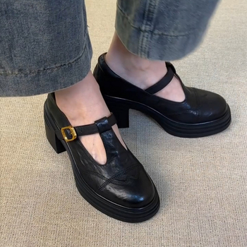 Versiune din piele de oaie ~ Pantofi mici din piele retro cu toc gros în stil britanic pentru femei, mocasini din piele naturală, cu vârful rotund, pantofi Mary Jane