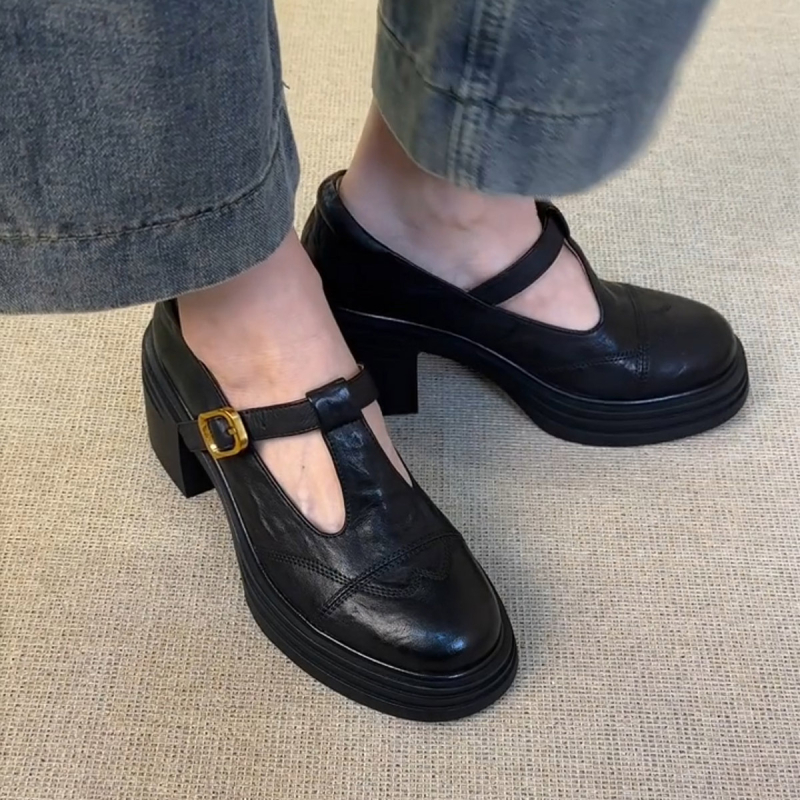 Versiune din piele de oaie ~ Pantofi mici din piele retro cu toc gros în stil britanic pentru femei, mocasini din piele naturală, cu vârful rotund, pantofi Mary Jane