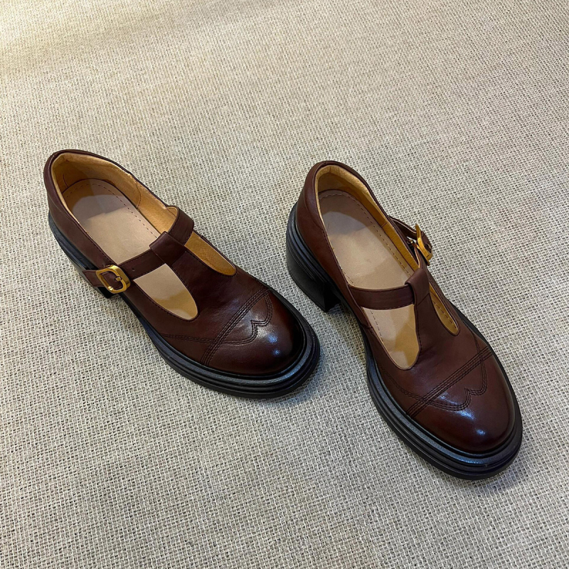 Versiune din piele de oaie ~ Pantofi mici din piele retro cu toc gros în stil britanic pentru femei, mocasini din piele naturală, cu vârful rotund, pantofi Mary Jane