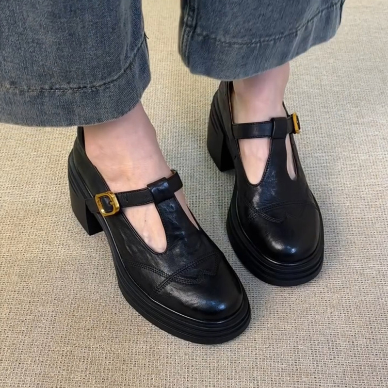 Versiune din piele de oaie ~ Pantofi mici din piele retro cu toc gros în stil britanic pentru femei, mocasini din piele naturală, cu vârful rotund, pantofi Mary Jane