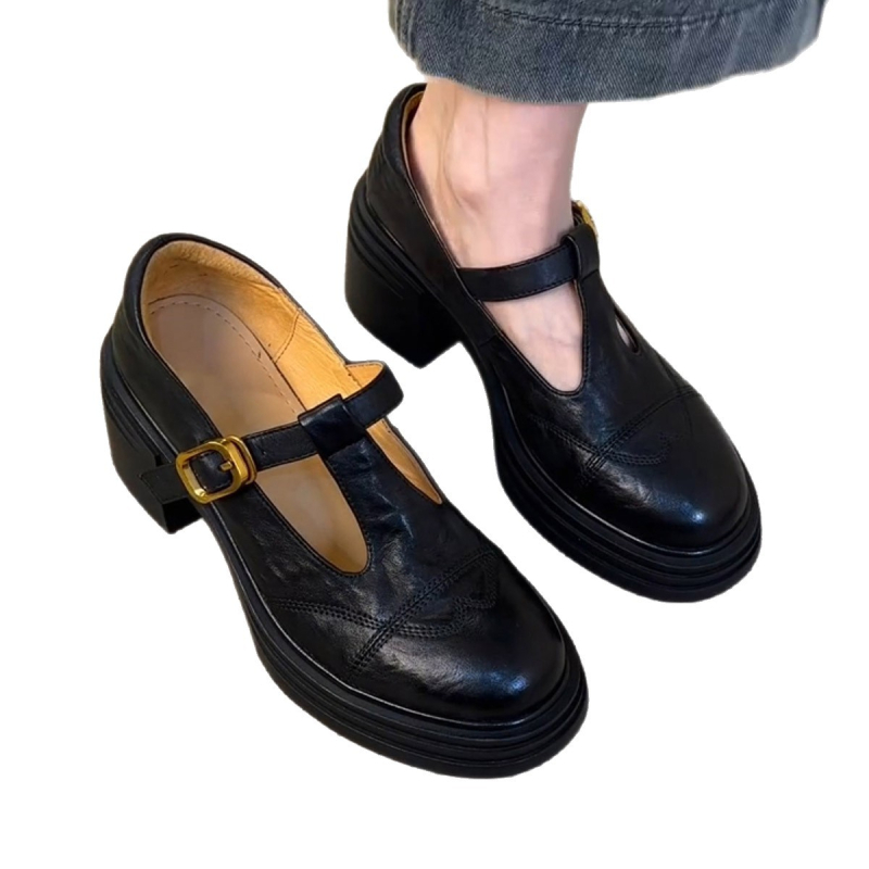 Versiune din piele de oaie ~ Pantofi mici din piele retro cu toc gros în stil britanic pentru femei, mocasini din piele naturală, cu vârful rotund, pantofi Mary Jane