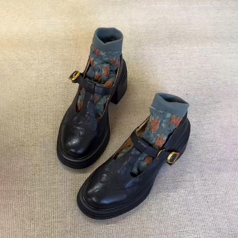 Versiune din piele de oaie ~ Pantofi mici din piele retro cu toc gros în stil britanic pentru femei, mocasini din piele naturală, cu vârful rotund, pantofi Mary Jane