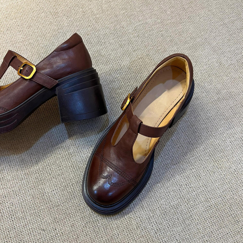 Versiune din piele de oaie ~ Pantofi mici din piele retro cu toc gros în stil britanic pentru femei, mocasini din piele naturală, cu vârful rotund, pantofi Mary Jane