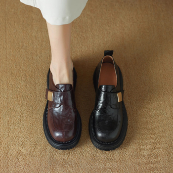 Mocasini vintage negri din piele de oaie moale pentru femei, la modă, all-match, 2025, primăvara și toamna, stil britanic nou, pantofi cu platformă, fără slip