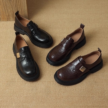 Mocasini vintage negri din piele de oaie moale pentru femei, la modă, all-match, 2025, primăvara și toamna, stil britanic nou, pantofi cu platformă, fără slip