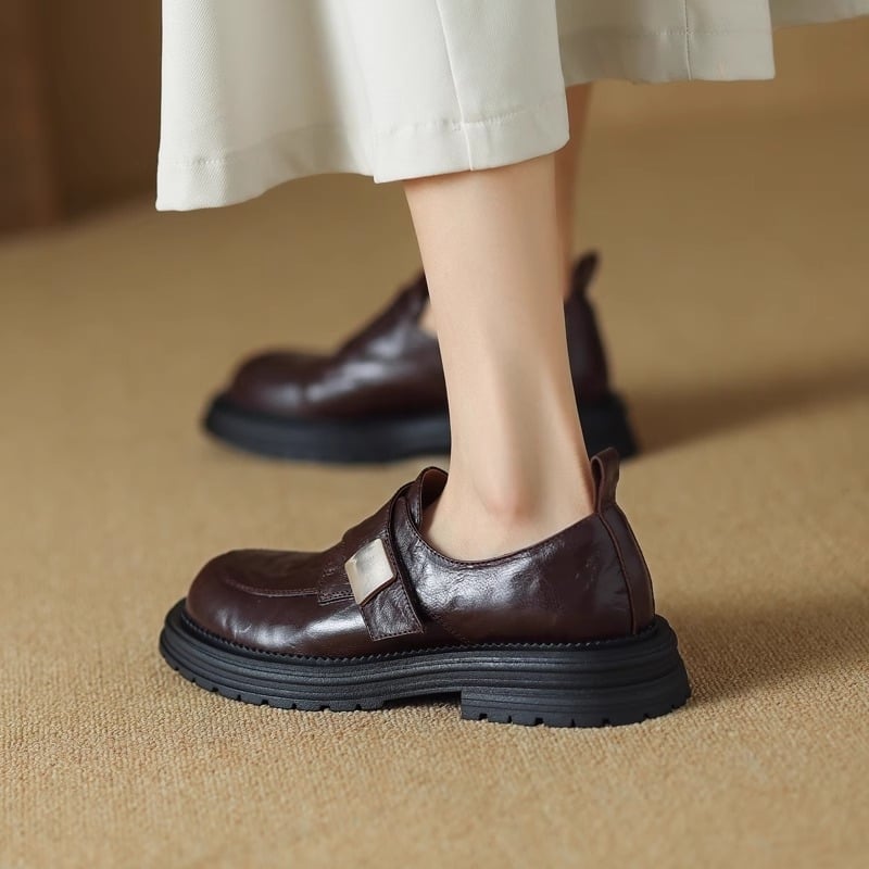 Mocasini vintage negri din piele de oaie moale pentru femei, la modă, all-match, 2025, primăvara și toamna, stil britanic nou, pantofi cu platformă, fără slip