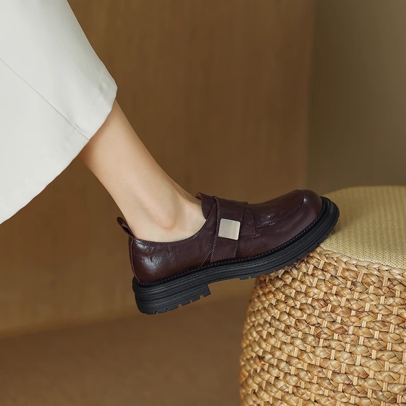 Mocasini vintage negri din piele de oaie moale pentru femei, la modă, all-match, 2025, primăvara și toamna, stil britanic nou, pantofi cu platformă, fără slip