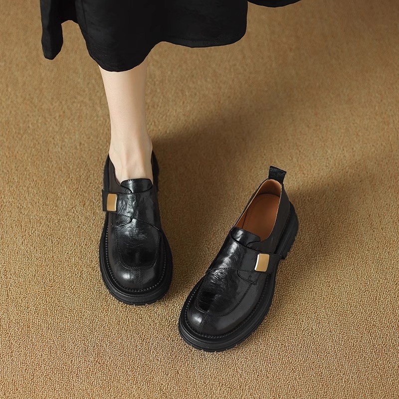Mocasini vintage negri din piele de oaie moale pentru femei, la modă, all-match, 2025, primăvara și toamna, stil britanic nou, pantofi cu platformă, fără slip