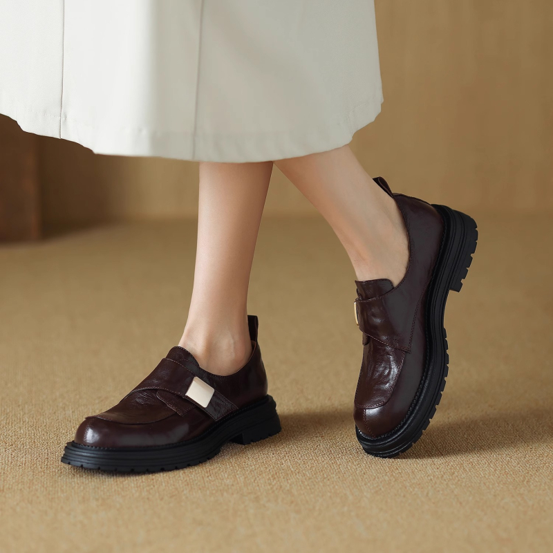 Mocasini vintage negri din piele de oaie moale pentru femei, la modă, all-match, 2025, primăvara și toamna, stil britanic nou, pantofi cu platformă, fără slip