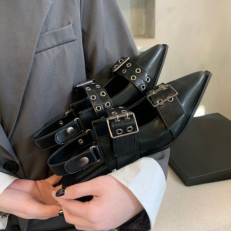 Francia stílusú, hegyes sarkú Mary Jane cipők, női 2024-es nyári női bőrcipők, vintage, durva sarkú, divatos, egyrétegű cipők