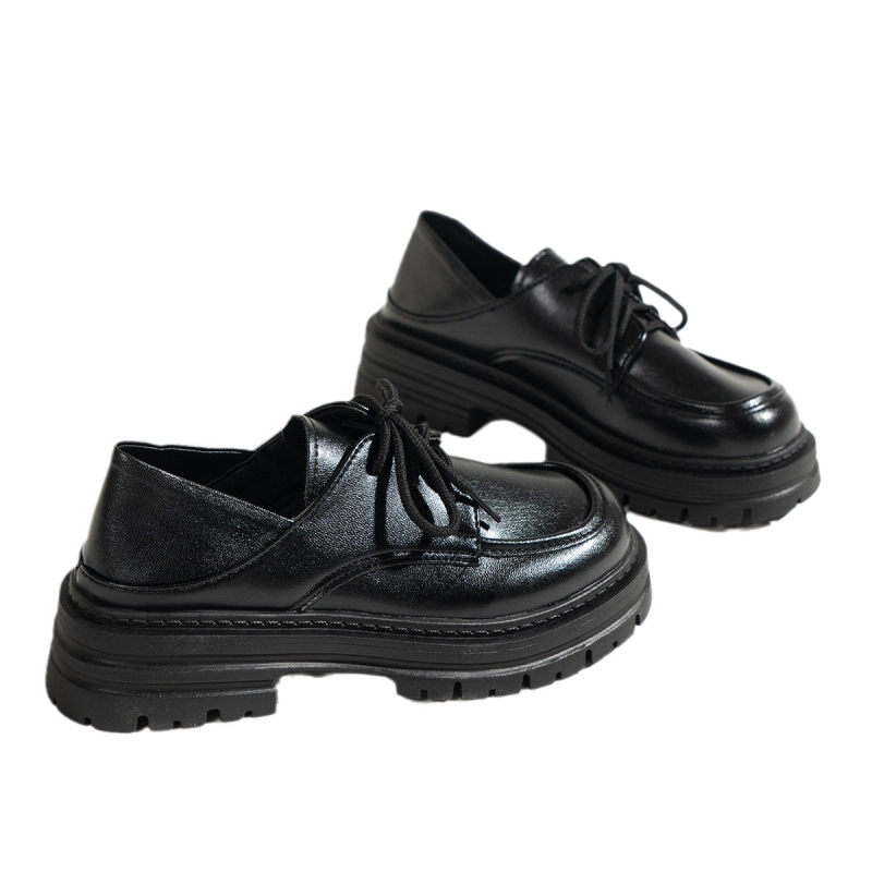 Μαύρα γυναικεία μοκασίνια 2024, νέα φθινοπωρινά και χειμερινά παπούτσια με χοντρή σόλα και χοντρό τακούνι, μονόστρωμα, βρετανικά δερμάτινα παπούτσια Joker με κορδόνια.