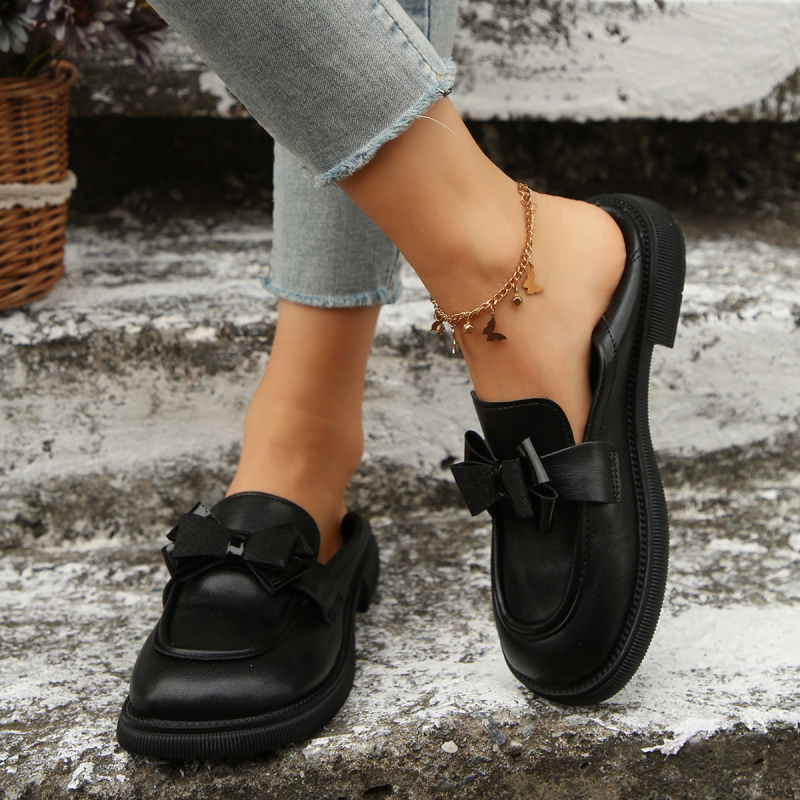 2025 Új Tavaszi és Őszi Puha Talpú Egyszínű Cipők Női masni Retro Vastag Talpú Loafers Brit Stílusú Kis Bőr Cipők Női Vastag Sarkú