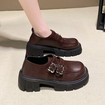 Prancūziškos odos moteriški bateliai storu dugnu, kvadratine nosele, laisvalaikio bateliai, 6 cm, pavasario ir rudens nauji 2025 m. fėjų stiliaus bateliai su sagtimi.