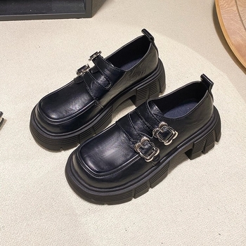 Prancūziškos odos moteriški bateliai storu dugnu, kvadratine nosele, laisvalaikio bateliai, 6 cm, pavasario ir rudens nauji 2025 m. fėjų stiliaus bateliai su sagtimi.