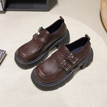 Prancūziškos odos moteriški bateliai storu dugnu, kvadratine nosele, laisvalaikio bateliai, 6 cm, pavasario ir rudens nauji 2025 m. fėjų stiliaus bateliai su sagtimi.