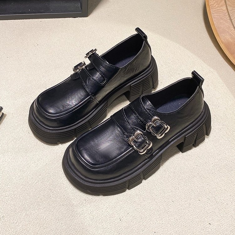 Prancūziškos odos moteriški bateliai storu dugnu, kvadratine nosele, laisvalaikio bateliai, 6 cm, pavasario ir rudens nauji 2025 m. fėjų stiliaus bateliai su sagtimi.