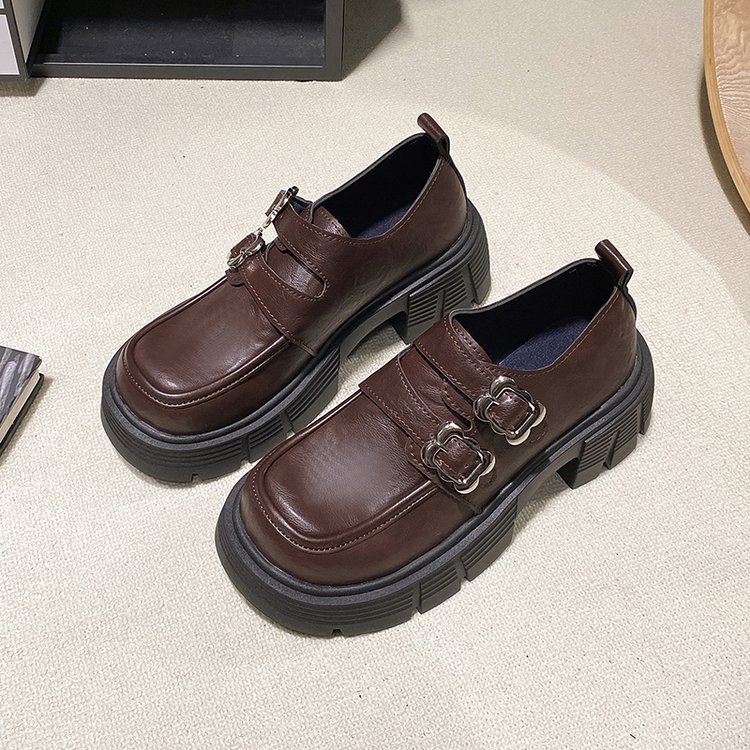 Prancūziškos odos moteriški bateliai storu dugnu, kvadratine nosele, laisvalaikio bateliai, 6 cm, pavasario ir rudens nauji 2025 m. fėjų stiliaus bateliai su sagtimi.