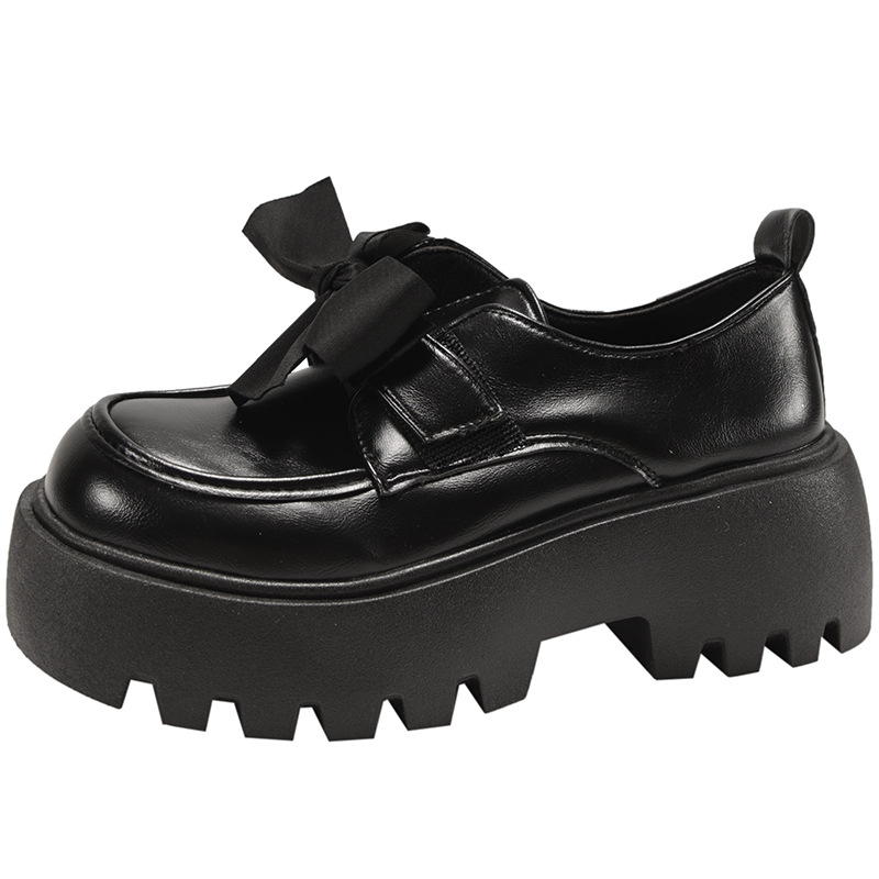 Pantofi mici din piele cu talpă groasă și fundă neagră pentru femei, toamnă nouă 2025, cu fustă, pantofi Mary Jane versatili cu velcro
